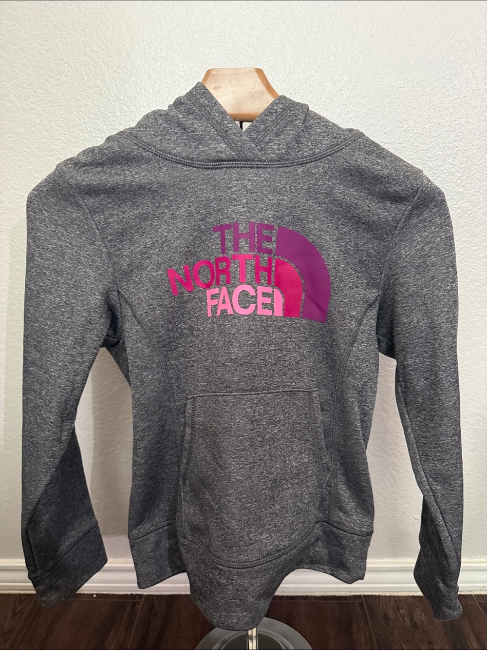 The North Face Kids Gray Hoodie with Pink & Purple Logo